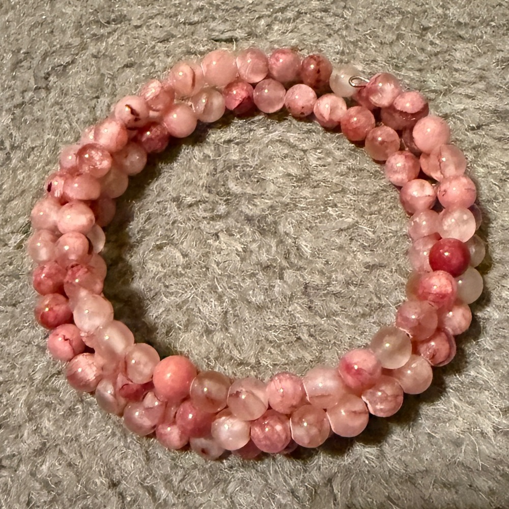 Pink Beaded Spiral Wire Bracelet Marble Texture Heavy Statement Jewelry